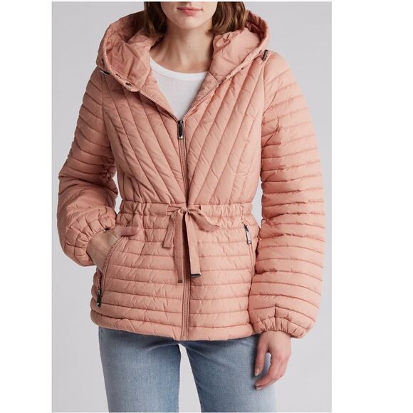 BCBGeneration Diagonal Seam Puffer Hooded Jacket Coral Pink Size Medium (8), NWT - Picture 3 of 16